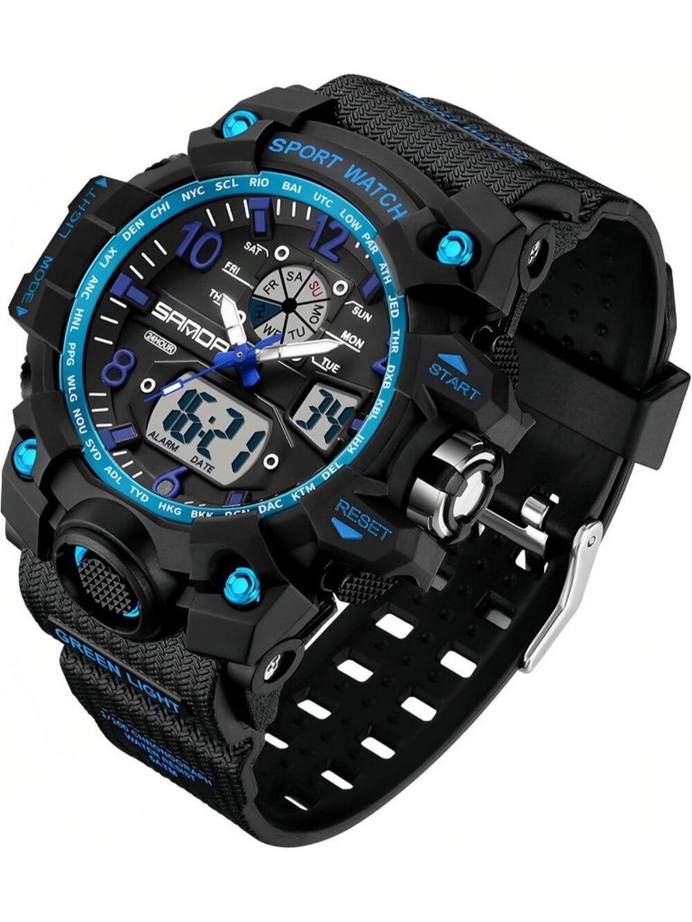 Women's Black Blue Digital LED Light Large Face Analog Multifunctional Watch